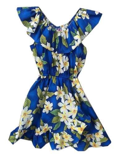 Hawaiian Hula Girl Blue Plumeria Cotton Dress